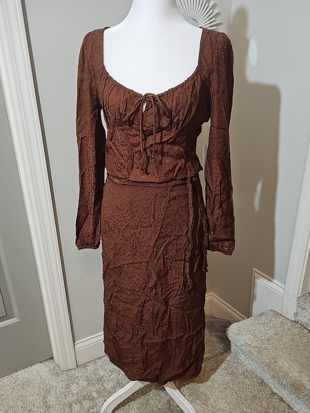 Women's Brown Eyelet Tie-Front Long-Sleeve Top With Matching Wrap Around Skirt
